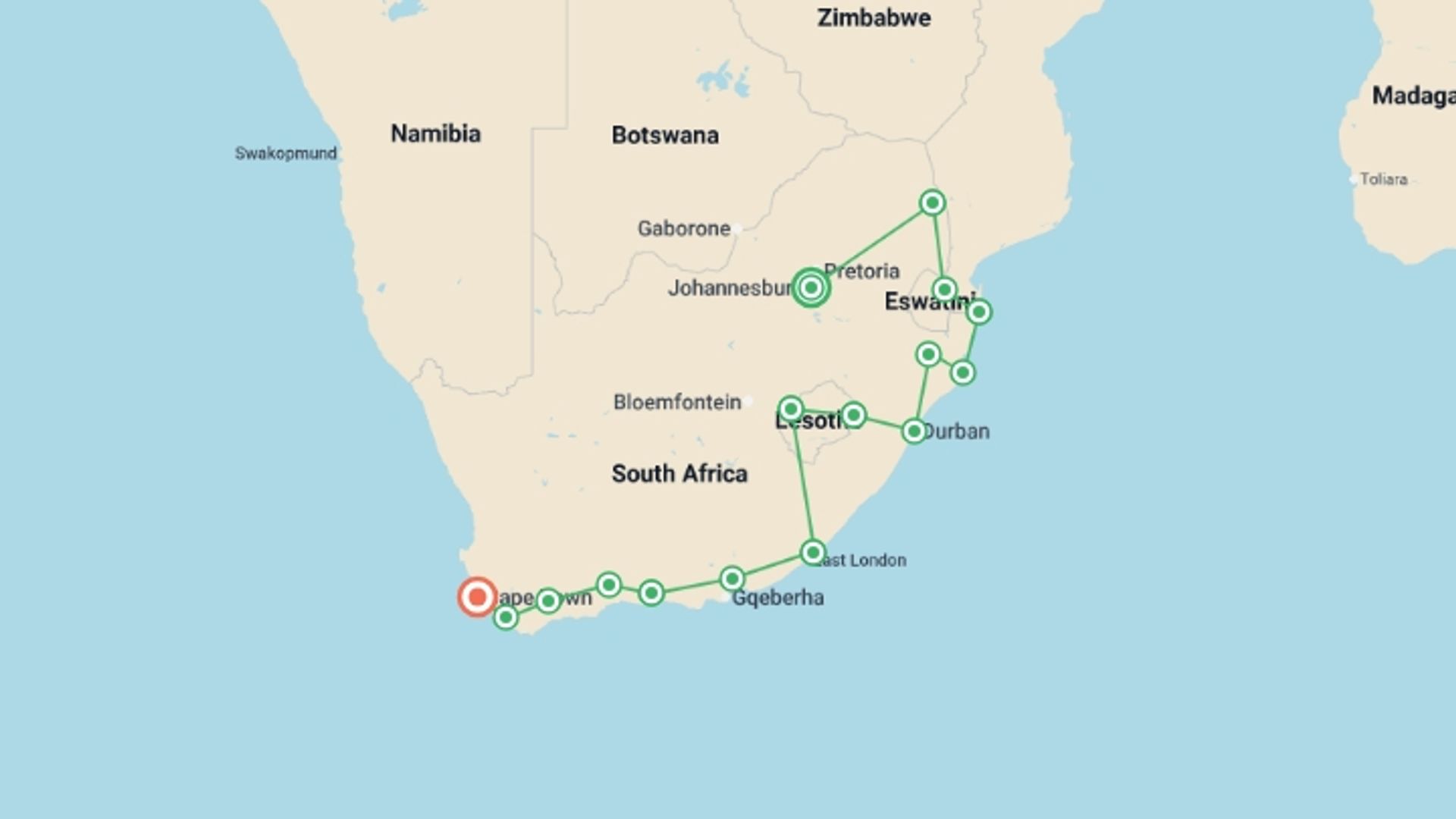 A map showing the tour itinerary for the trip: Kruger, Coast & Cape, starting in Johannesburg, South Africa and ending in Cape Town, South Africa going through 14 other destinations.