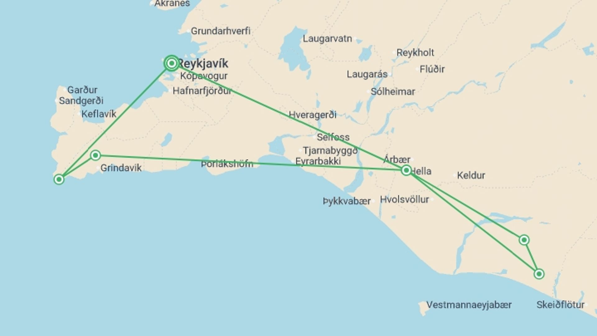 A map showing the tour itinerary for the trip: Land of the Northern Lights Comfort - 5 days, starting in Reykjavik, Iceland and ending in Reykjavik, Iceland going through 1 other destinations.