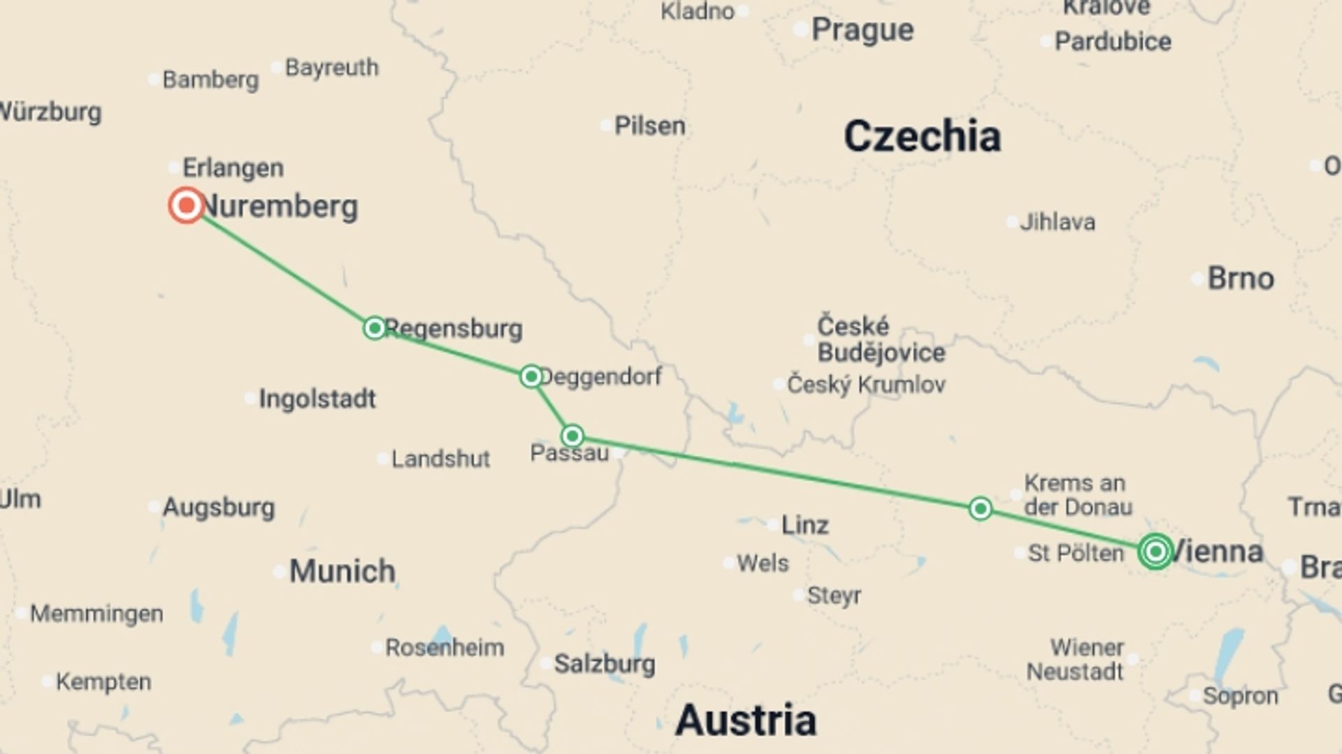 A map showing the tour itinerary for the trip: Vineyards & Palaces along the Danube (2027), starting in Vienna, Austria and ending in Nuremberg, Germany going through 4 other destinations.