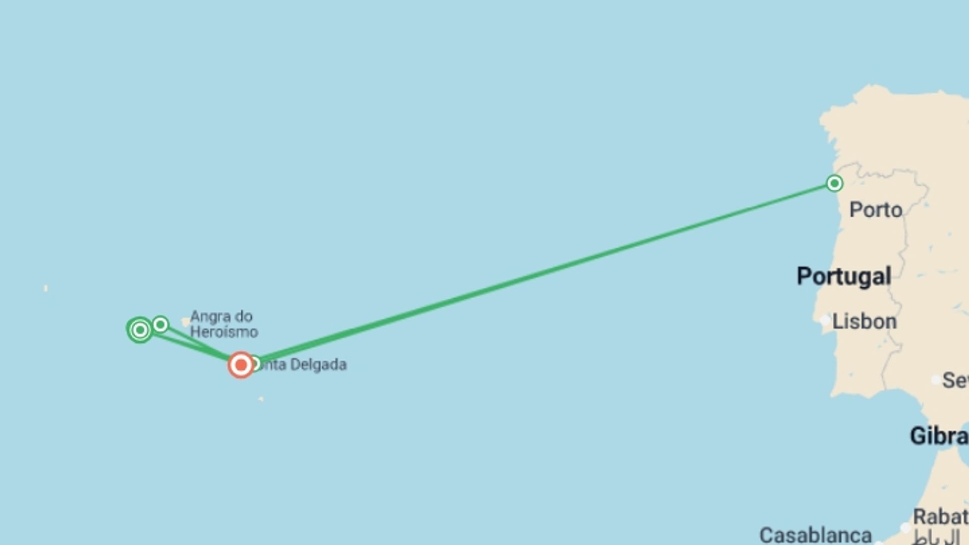 A map showing the tour itinerary for the trip: Walking in the Azores, starting in Madalena, Portugal and ending in Azores, Portugal going through 6 other destinations.