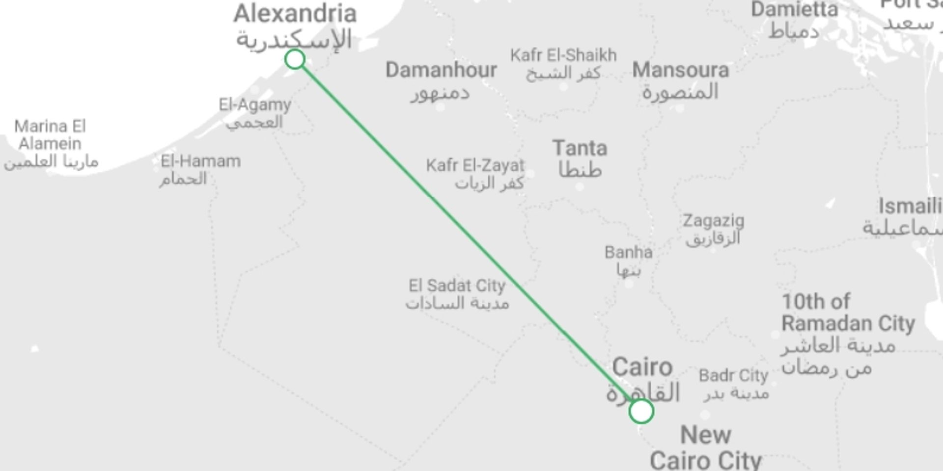 A map showing the tour itinerary for the trip: Cairo & Alexandria Uncovered 5 star - 6 days, starting in Cairo, Egypt and ending in Cairo, Egypt going through 2 other destinations.