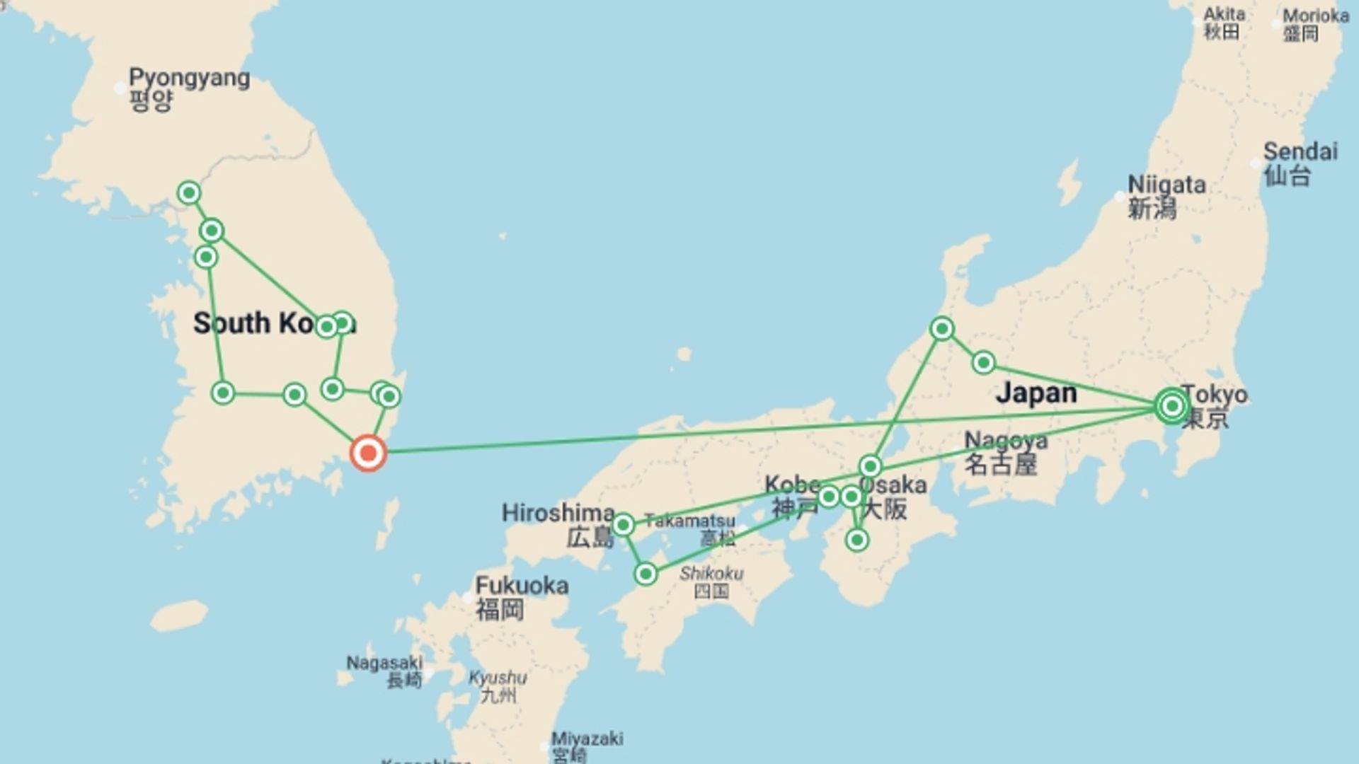 A map showing the tour itinerary for the trip: Sakura Dreams with South Korea, starting in Tokyo, Japan and ending in Busan, South Korea going through 10 other destinations.