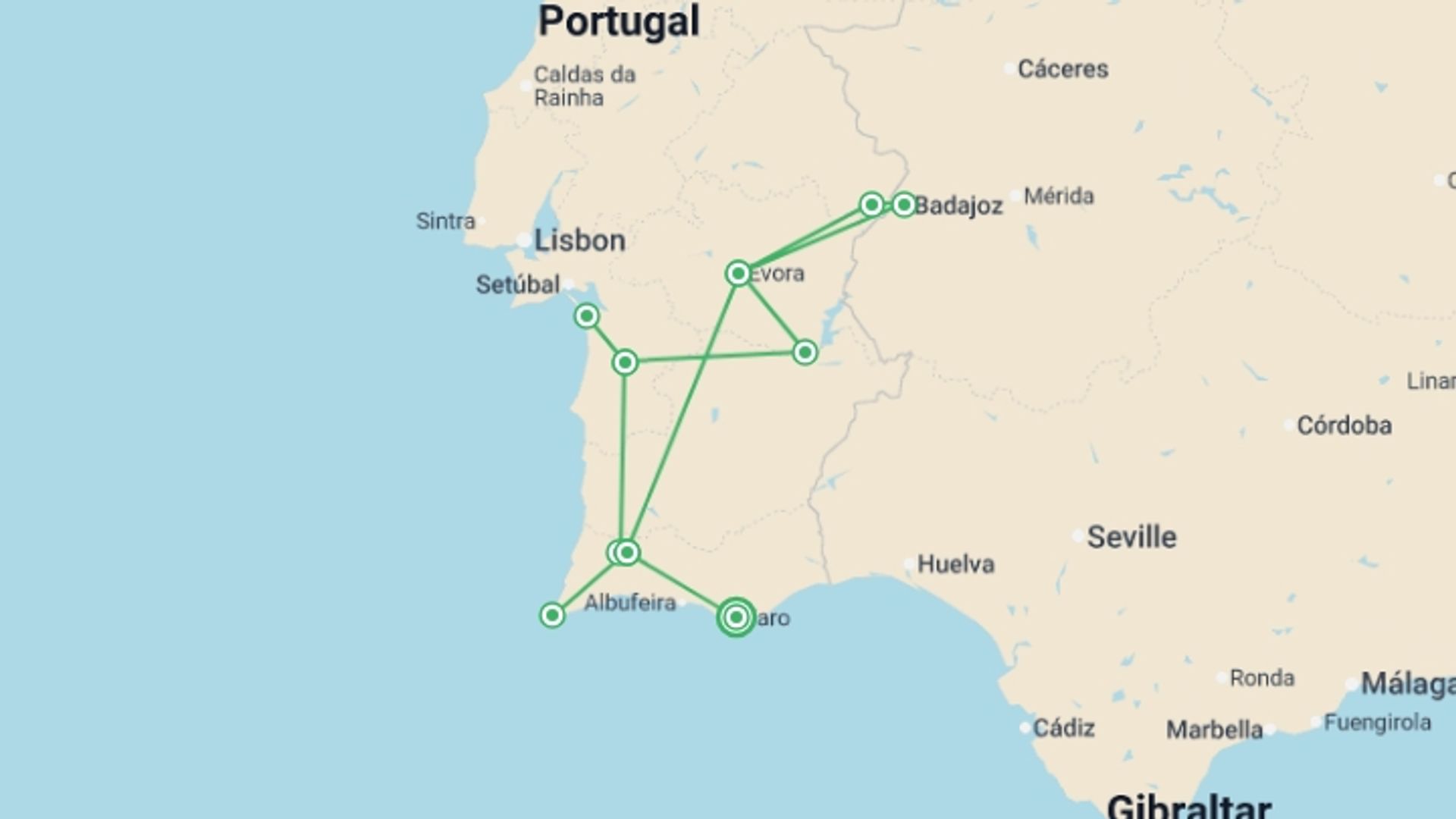 A map showing the tour itinerary for the trip: Portugal Inland Paths, Self-drive, starting in undefined, Portugal and ending in undefined, Portugal going through 0 other destinations.