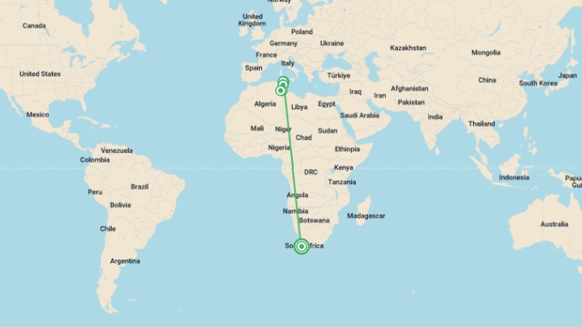 A map showing the tour itinerary for the trip: Tunisia Eclipse Explorer 2027, starting in Cape Town, South Africa and ending in Cape Town, South Africa going through 2 other destinations.