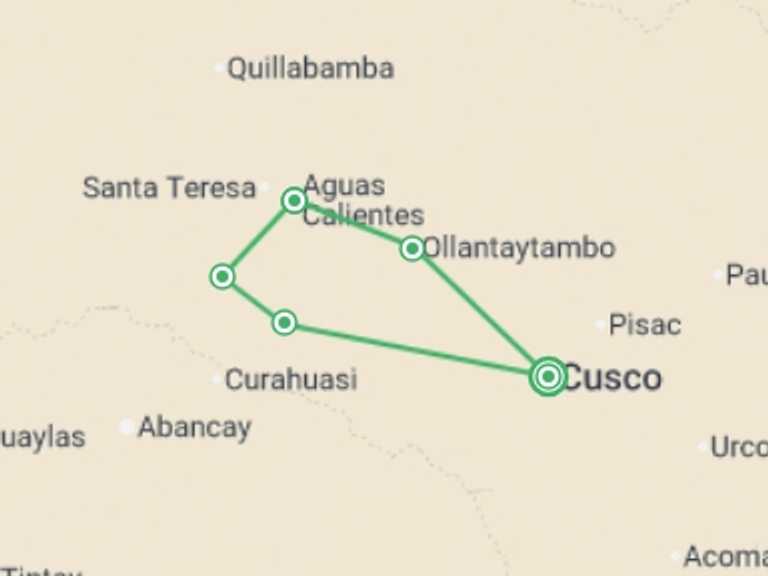 Map itinerary of Peru Tour in May 2027 with 6 destination visits for the trip: Salkantay Trek to Machu Picchu 4D/3N
