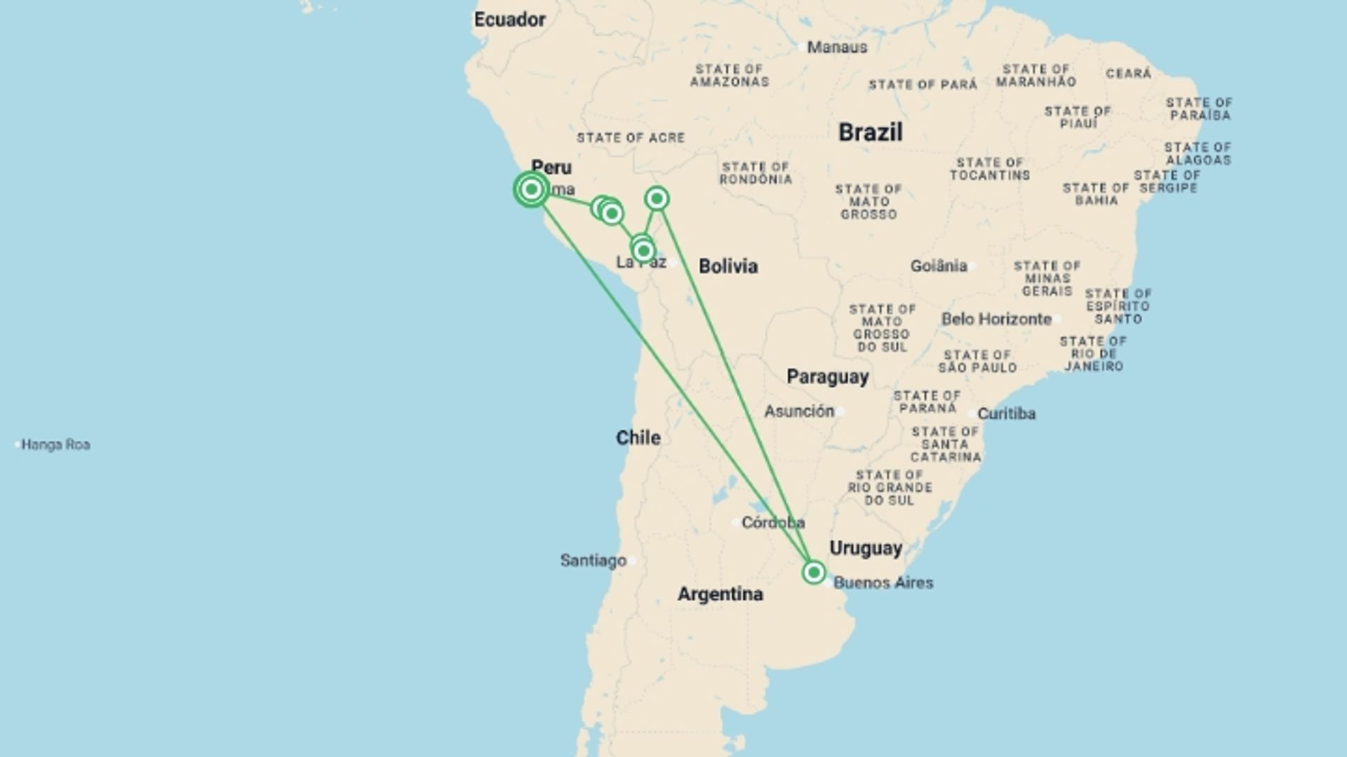 A map showing the tour itinerary for the trip: In the Footsteps of the Incas, starting in Lima, Peru and ending in Lima, Peru going through 6 other destinations.