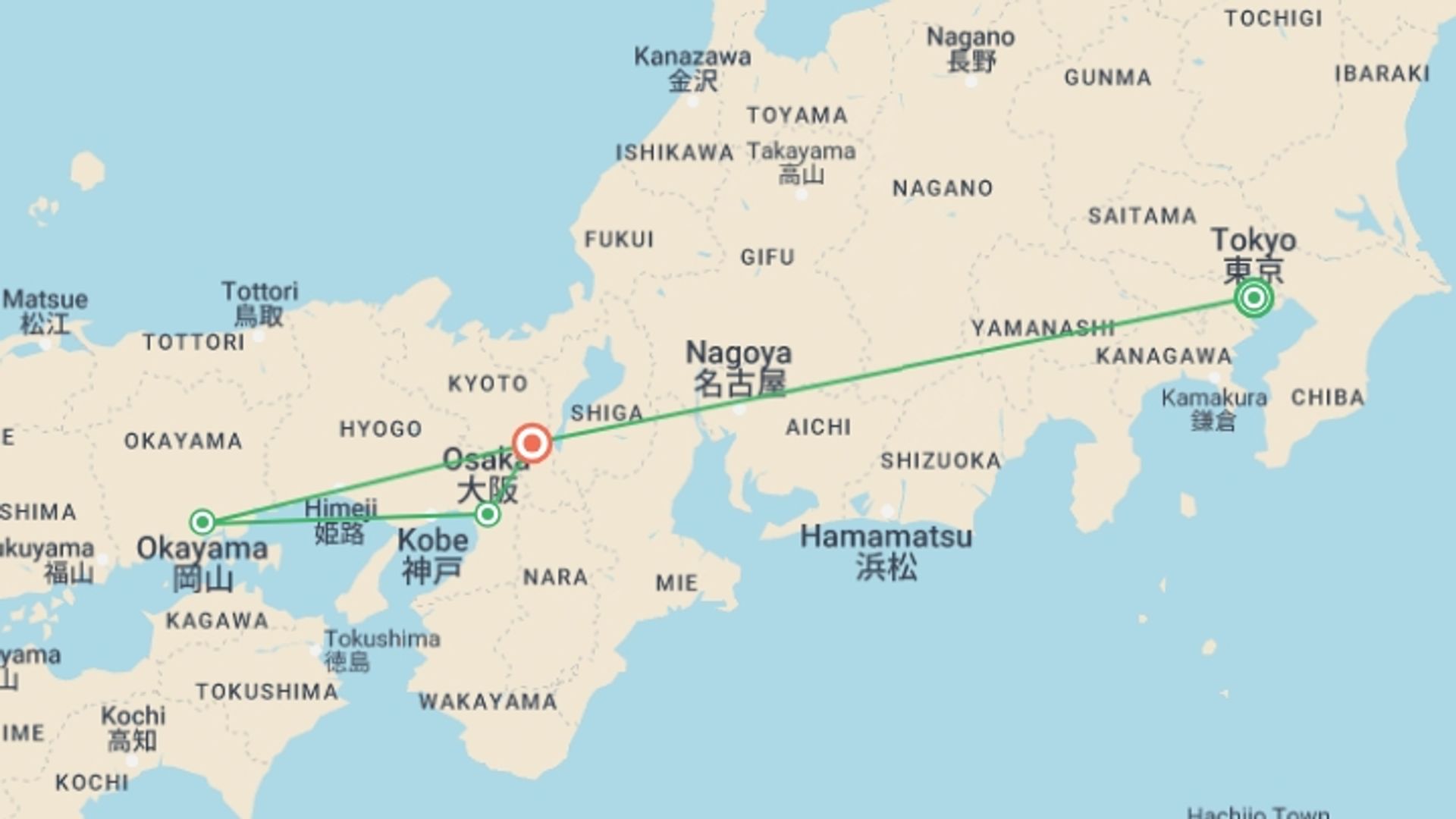 A map showing the tour itinerary for the trip: Picturesque Solo Japan Tour, starting in Tokyo, Japan and ending in Kyoto, Japan going through 3 other destinations.