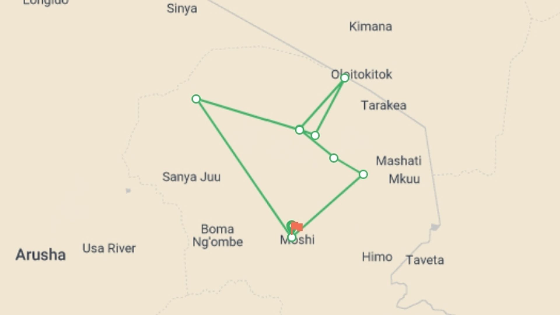 A map showing the tour itinerary for the trip: Kilimanjaro Climb  Rongai Route 8 Days, starting in Moshi, Tanzania and ending in Moshi, Tanzania going through 8 other destinations.