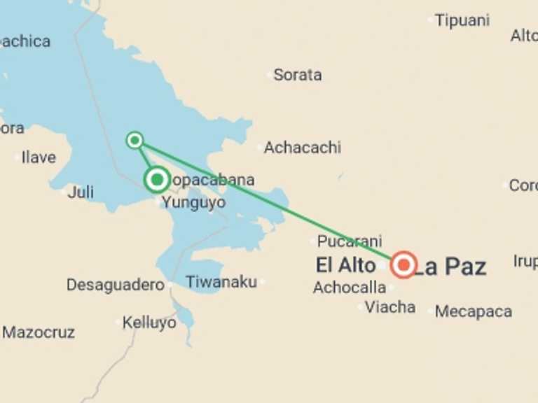 Map of La Paz Explorer Tour with 3 destination visits for the trip: Lake Titicaca & Isla del Sol Adventure 2D/1N (Copacabana to La Paz)