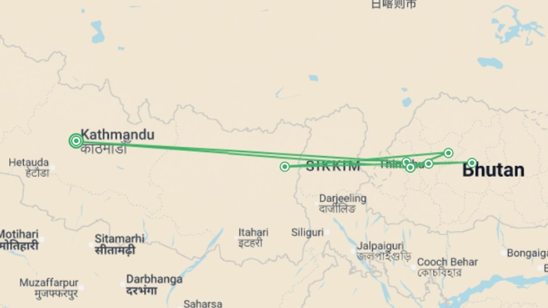 A map showing the tour itinerary for the trip: Festivals of Bhutan – Paro, starting in Kathmandu, Nepal and ending in Kathmandu, Nepal going through 6 other destinations.