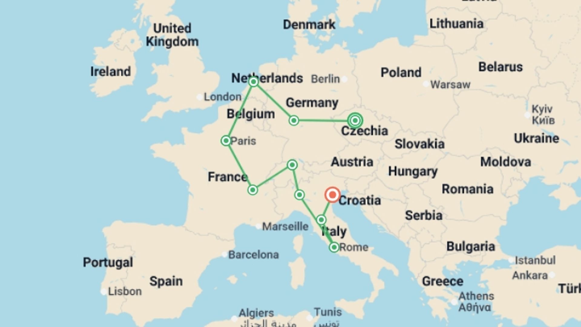 A map showing the tour itinerary for the trip: Vibrant Europe GO, starting in Prague, Czech Republic and ending in Venice, Italy going through 8 other destinations.