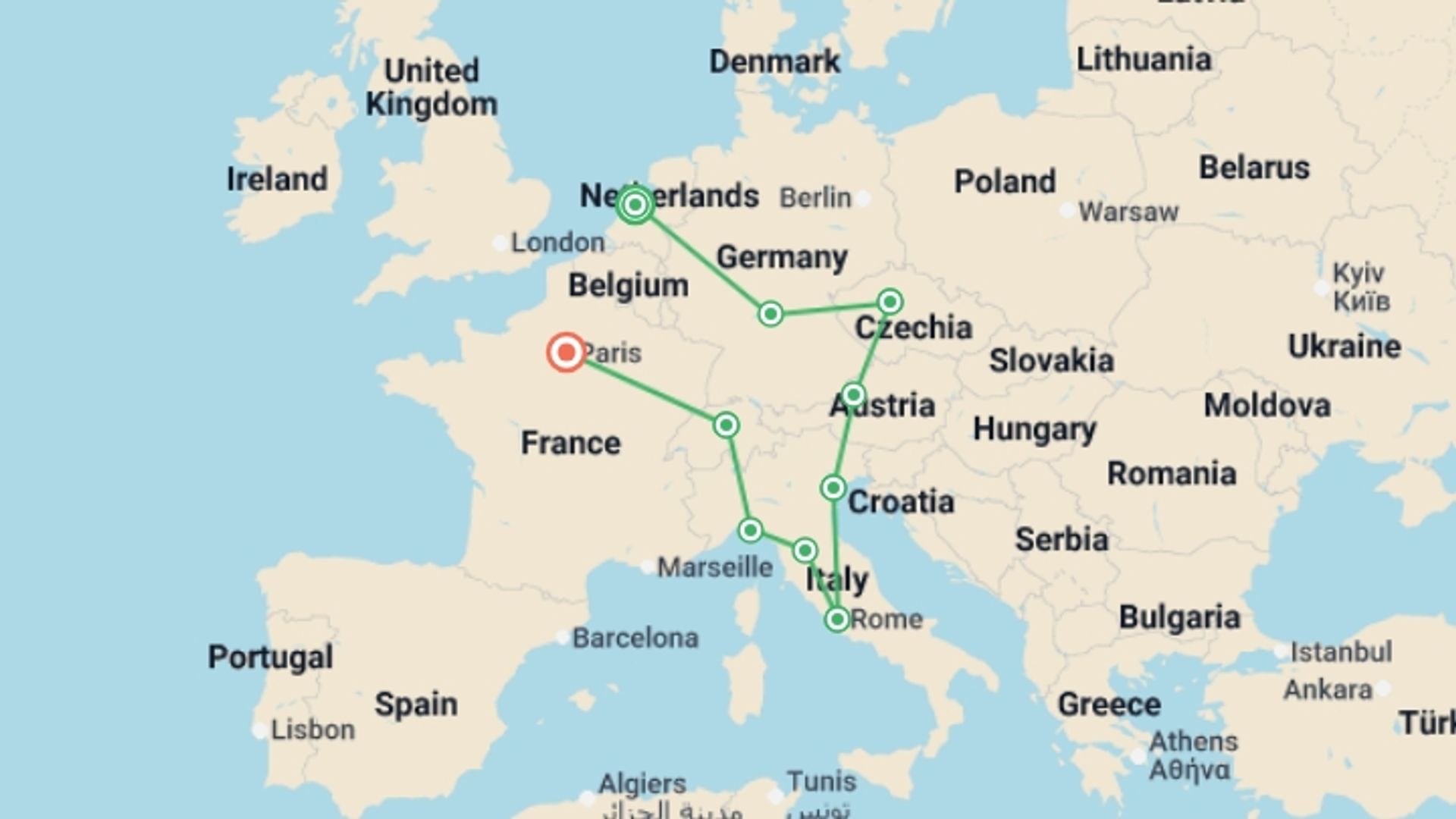 A map showing the tour itinerary for the trip: European Discovery, starting in Amsterdam, Holland and ending in Paris, France going through 9 other destinations.
