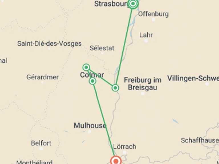 Map of 4-Day Strasbourg Tour with 3 destination visits for the trip: Magical Christmas extravaganzas in Alsace and Switzerland along the Rhine (port-to-port cruise)