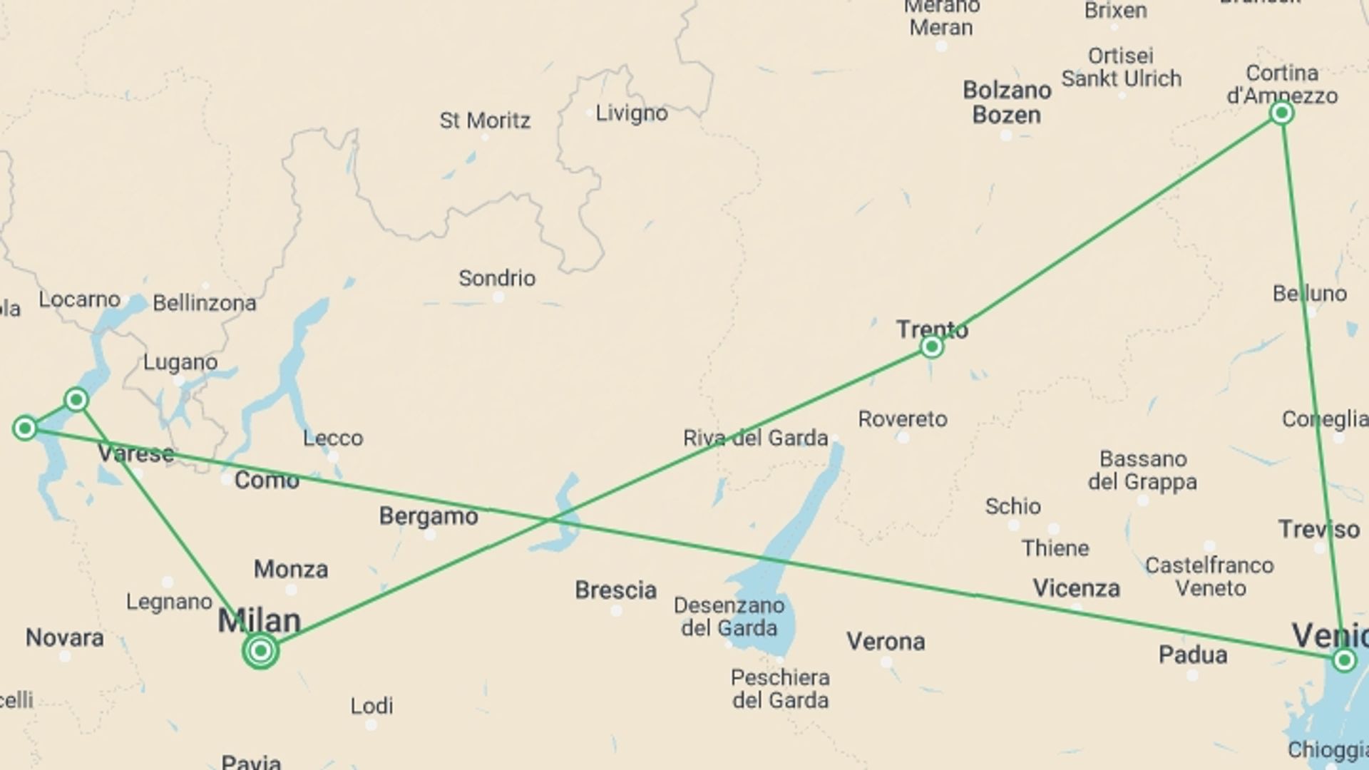A map showing the tour itinerary for the trip: Country Roads of Northern Italy, starting in Milan, Italy and ending in Milan, Italy going through 2 other destinations.