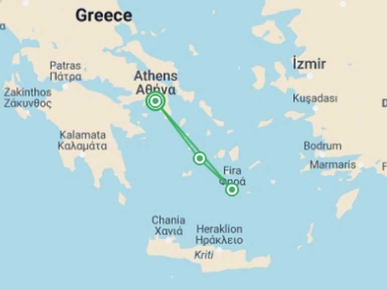 Map of Santorini Explorer Tour with 3 destination visits for the trip: Aegean Trilogy: Athens, Sifnos & Santorini