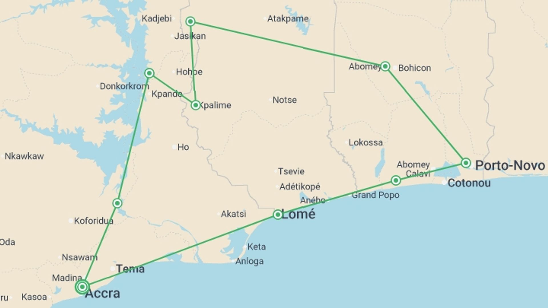 A map showing the tour itinerary for the trip: Highlights of Ghana, Togo and Benin, starting in Accra, Ghana and ending in Accra, Ghana going through 8 other destinations.