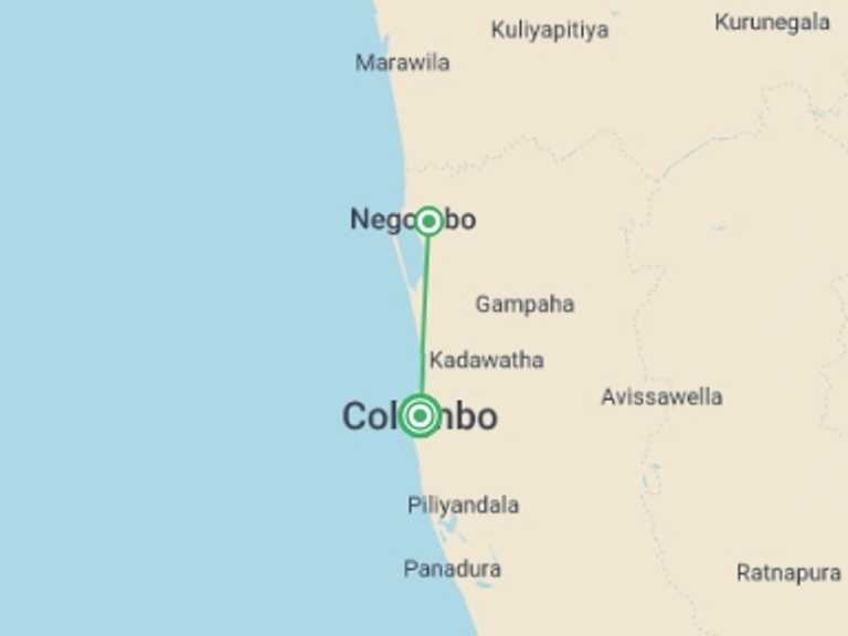 Map of Sri Lanka Tour with 2 destination visits for the trip: City Break, Escape To Negombo