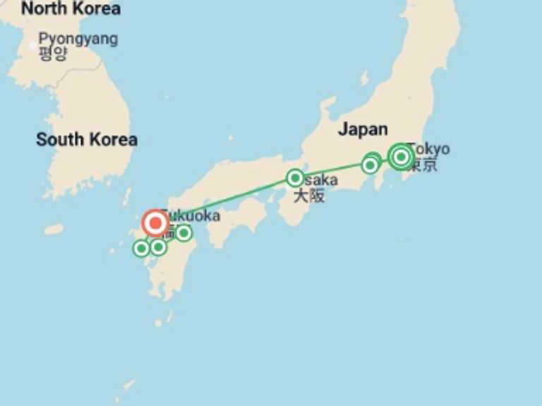 Map of Asia Tour with 7 destination visits for the trip: Tokyo, Mount Fuji, Kyoto and Treasures of Kyushu