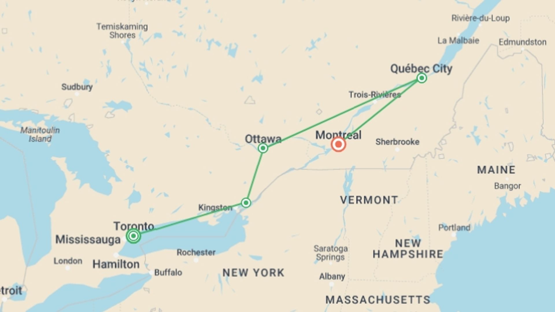 A map showing the tour itinerary for the trip: Eastern Canada by Rail, starting in Toronto, Canada and ending in Montreal, Canada going through 3 other destinations.