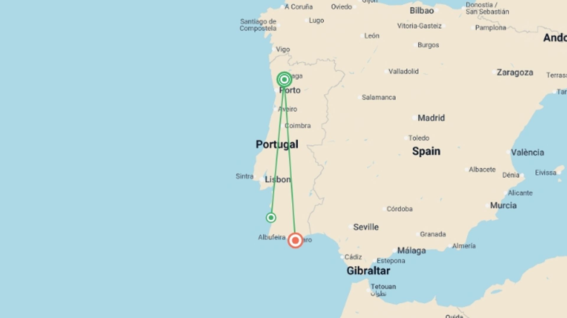 A map showing the tour itinerary for the trip: Rota Vicentina - the Fishermen's Trail, starting in Alentejo, Portugal and ending in Algarve, Portugal going through 1 other destinations.