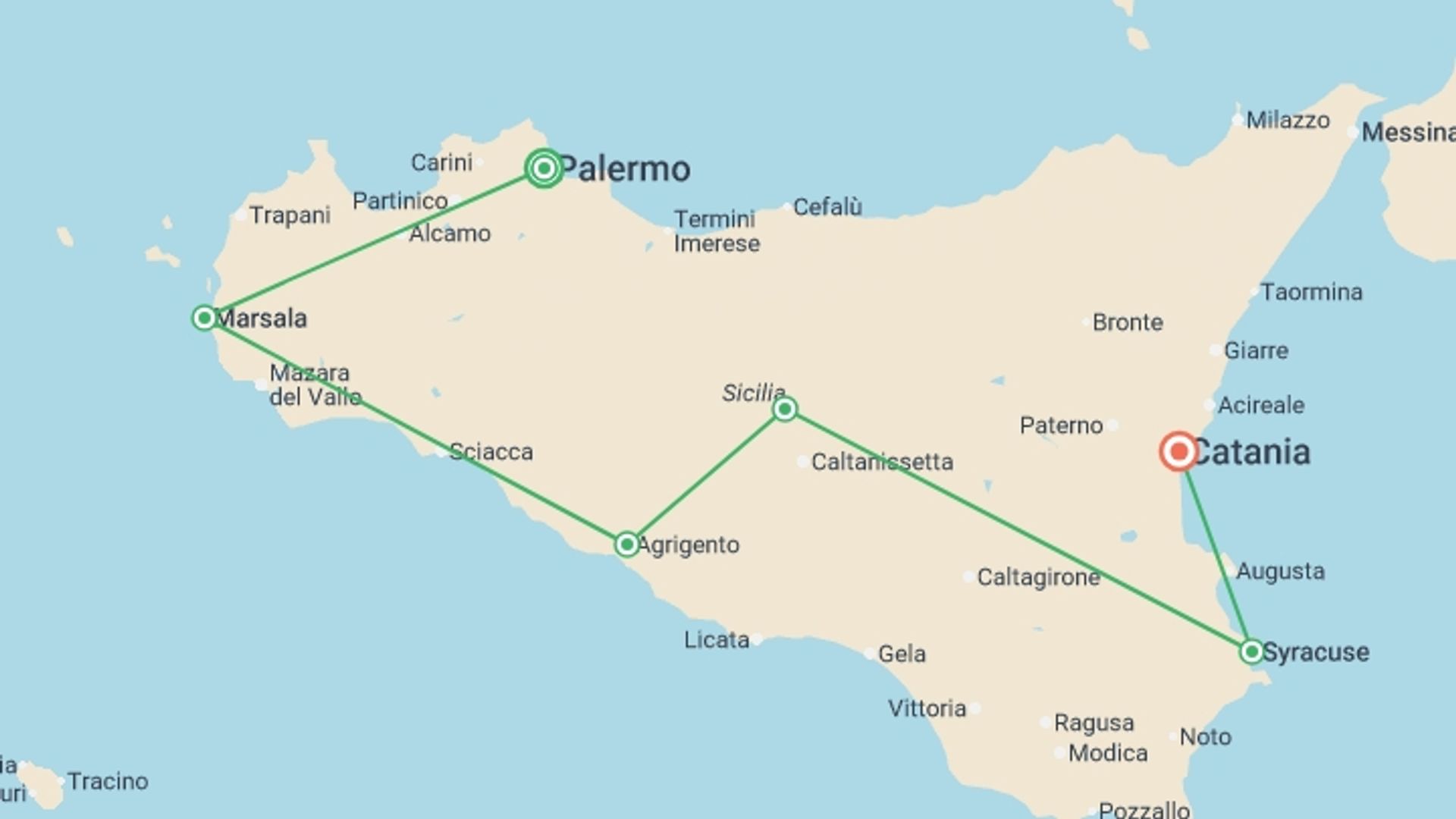 A map showing the tour itinerary for the trip: Sicily Food & Wine, starting in Palermo, Italy and ending in Catania, Italy going through 5 other destinations.