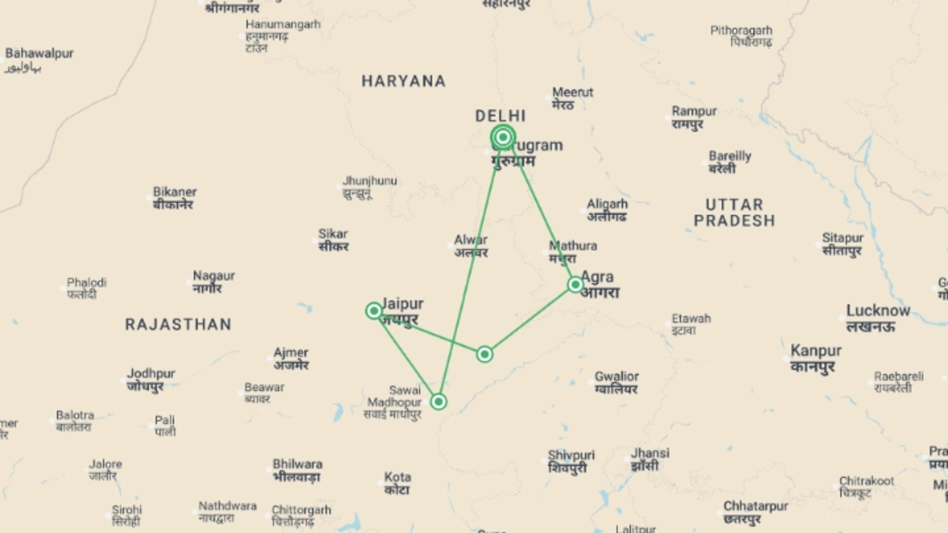 A map showing the tour itinerary for the trip: Golden Triangle & Tigers - 10 days, starting in New Delhi, India and ending in New Delhi, India going through 5 other destinations.