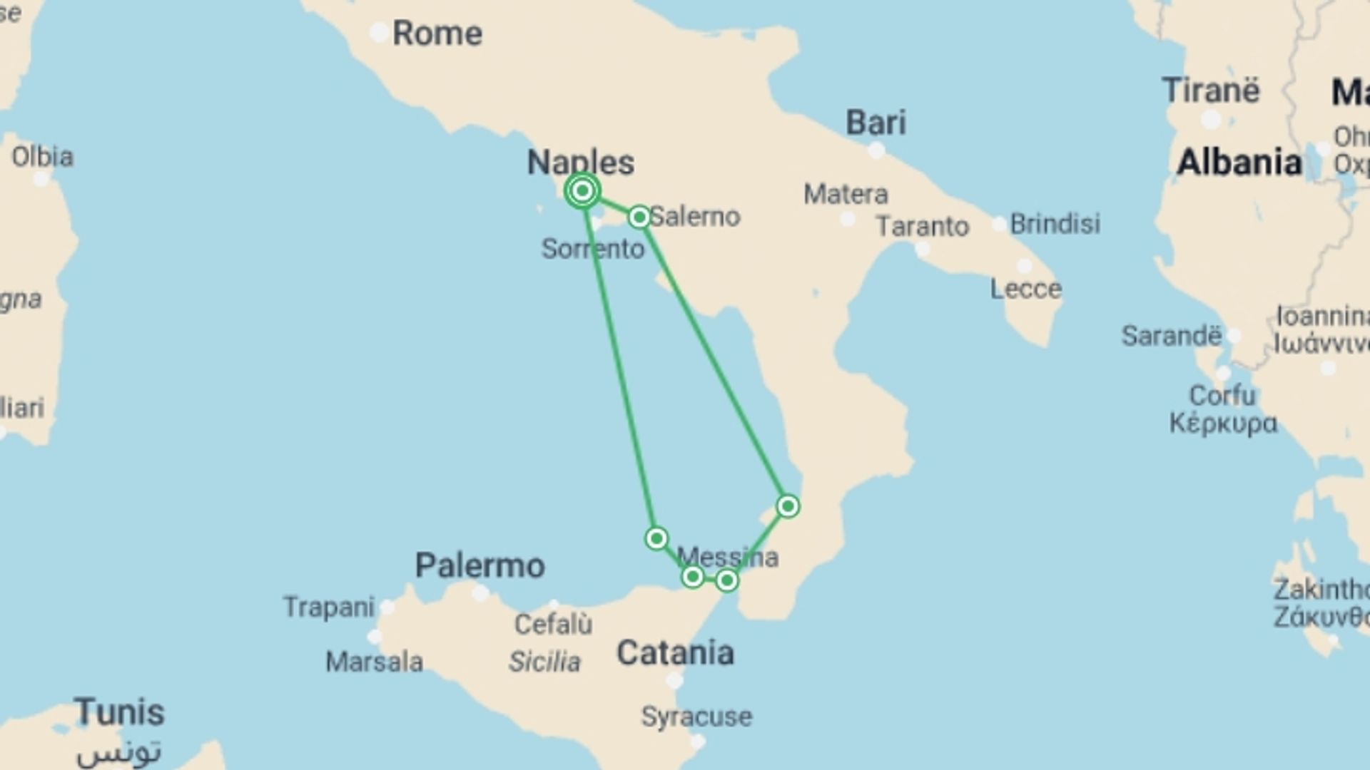 A map showing the tour itinerary for the trip: A Mediterranean Christmas - Naples, the Amalfi Coast & Sicily (port-to-port package), starting in Naples, Italy and ending in Naples, Italy going through 4 other destinations.