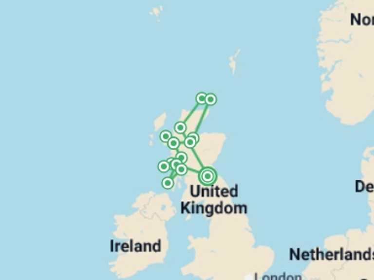 Map itinerary of Europe Tour in June 2026 with 8 destination visits for the trip: Whisky Coast & Scottish Islands  - 12 days