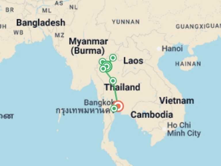 Map itinerary of Asia Tour in November 2026 with 7 destination visits for the trip: Thailand North and Central: See & experience it all