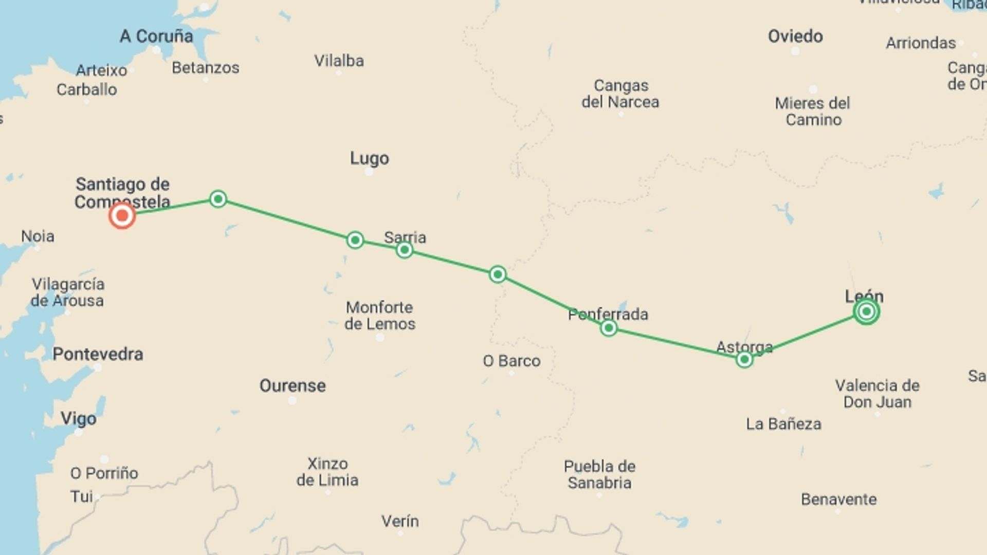 A map showing the tour itinerary for the trip: Spanish Camino by Bike: Leon to Santiago, starting in Leon, Spain and ending in Santiago De Compostela, Spain going through 5 other destinations.
