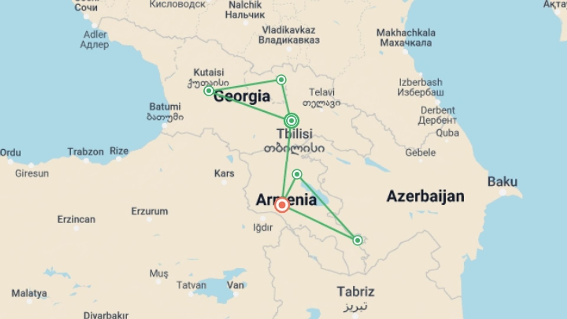 A map showing the tour itinerary for the trip: Georgia & Armenia Adventure, starting in Tbilisi, Georgia and ending in Yerevan, Armenia going through 4 other destinations.