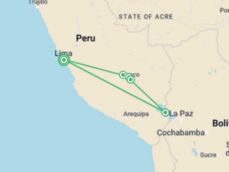 Map itinerary of Lima Tour in July 2026 with 1 destination visits for the trip: In the Footsteps of Incas