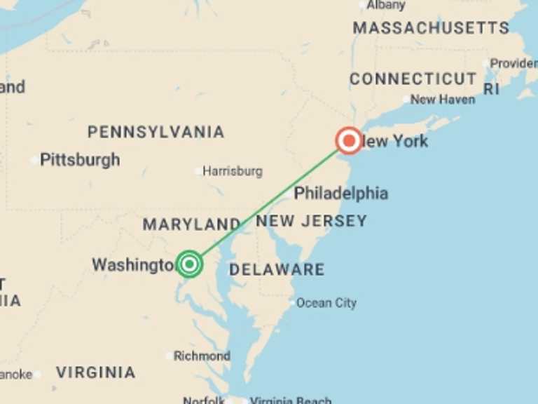 Map of New York Cultural, religious and historic sites Tour with 2 destination visits for the trip: Washington and New York