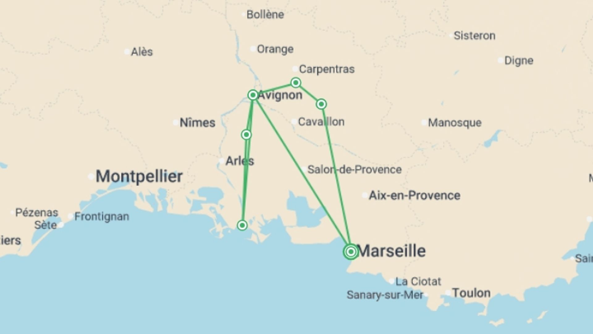 A map showing the tour itinerary for the trip: Cycle Provence, starting in Marseille, France and ending in Marseille, France going through 6 other destinations.