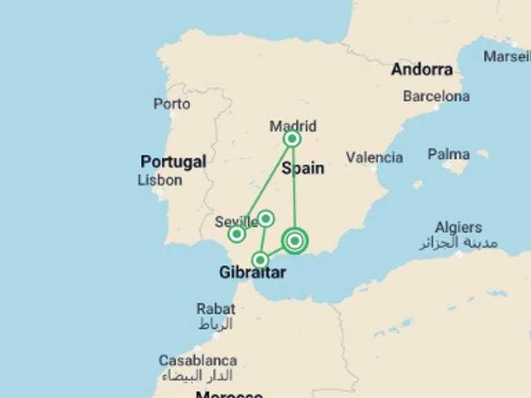 Map itinerary of Spain Tour in February 2026 with 5 destination visits for the trip: 7 Days Granada, Toledo, Madrid, Sevilla & Caceres From Costa Del Sol