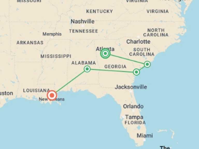 Map of a Sightseeing Tour with 5 destination visits for the trip: Deep South Discovery