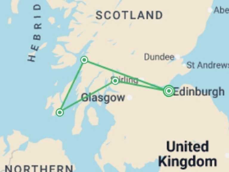 Map of a Adventure and sport Tour with 2 destination visits for the trip: Whisky Coast & Loch Lomond - 4 days