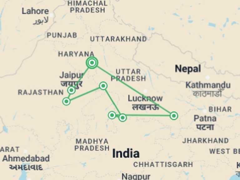 Map itinerary of India Tour in September 2027 with 7 destination visits for the trip: Essential India