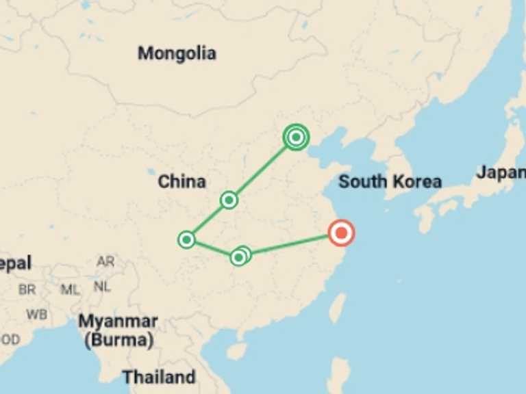 Map itinerary of East Asia Tour in February 2027 with 6 destination visits for the trip: Wonders of China