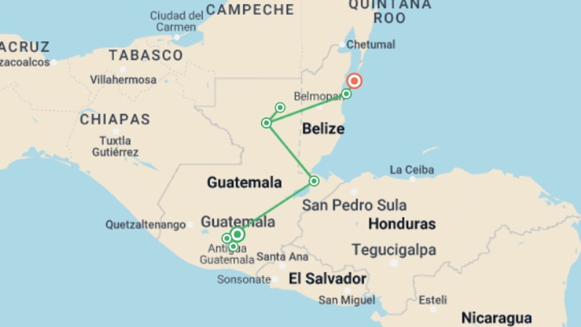 A map showing the tour itinerary for the trip: Guatemala Belize Experience, starting in Guatemala City, Guatemala and ending in Belize City, Belize going through 4 other destinations.