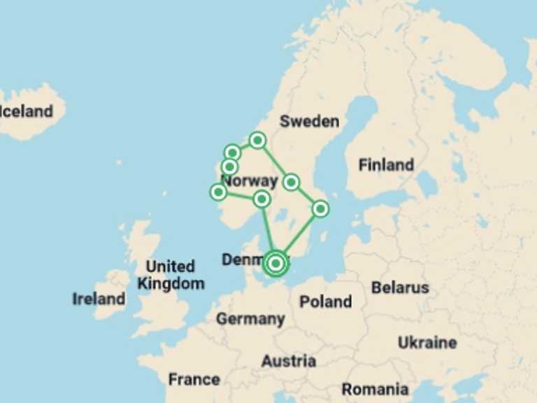 Map of Europe Tour with 8 destination visits for the trip: Nordic Tour Start Copenhagen