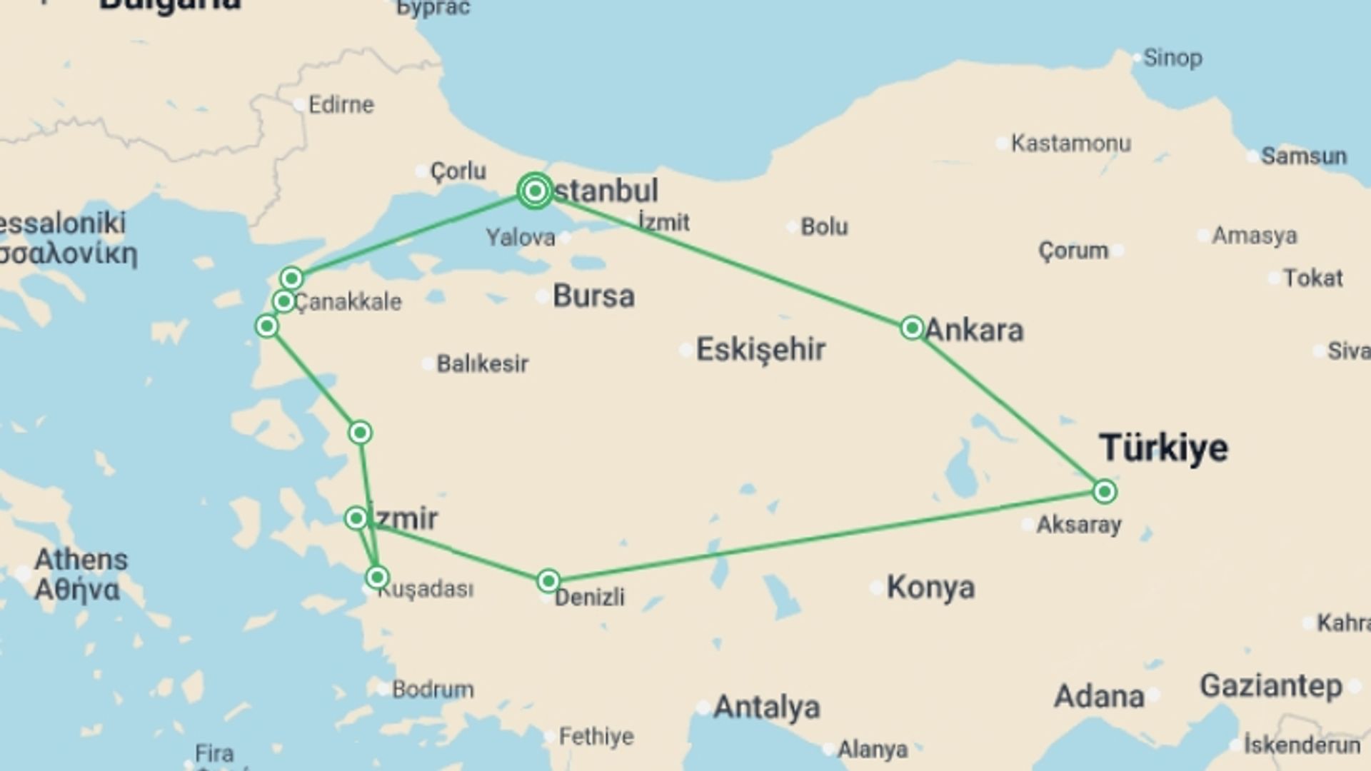 A map showing the tour itinerary for the trip: Istanbul, Ataturk & Cappadocia - 11 days, starting in Istanbul, Turkey and ending in Istanbul, Turkey going through 6 other destinations.