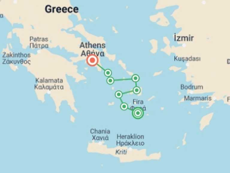 Map of 15-Day Greece Tour with 7 destination visits for the trip: Sailing Greece - Santorini to Athens