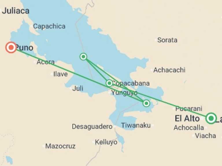 Map of Lake Titicaca Tour with 3 destination visits for the trip: Lake Titicaca Catamaran 2D/1N (La Paz to Puno)