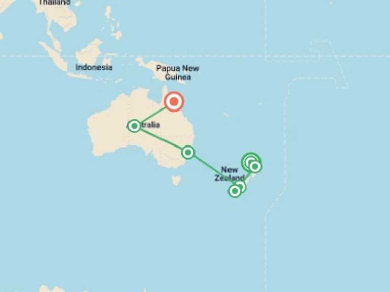 Map of a Sightseeing Tour with 7 destination visits for the trip: Bucket List New Zealand and Australia