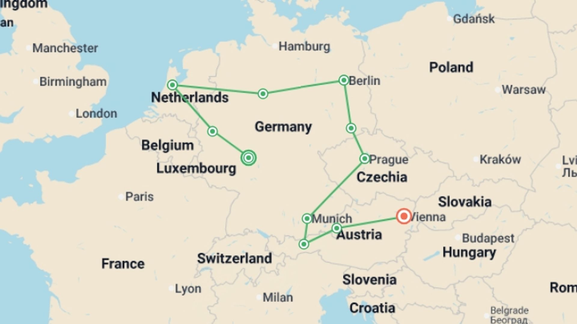A map showing the tour itinerary for the trip: From Frankfurt to Vienna, starting in Frankfurt, Germany and ending in Vienna, Austria going through 5 other destinations.