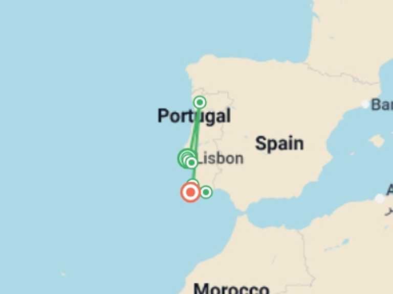 Map itinerary of Lisbon Tour in November 2026 with 7 destination visits for the trip: Lisbon to Algarve Ride