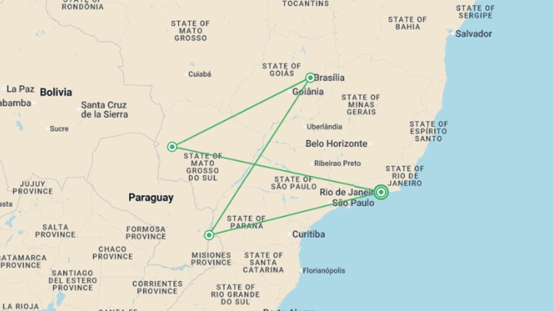 A map showing the tour itinerary for the trip: Natural Wonders of Brazil - 12 days, starting in Rio de Janeiro, Brazil and ending in Rio de Janeiro, Brazil going through 3 other destinations.