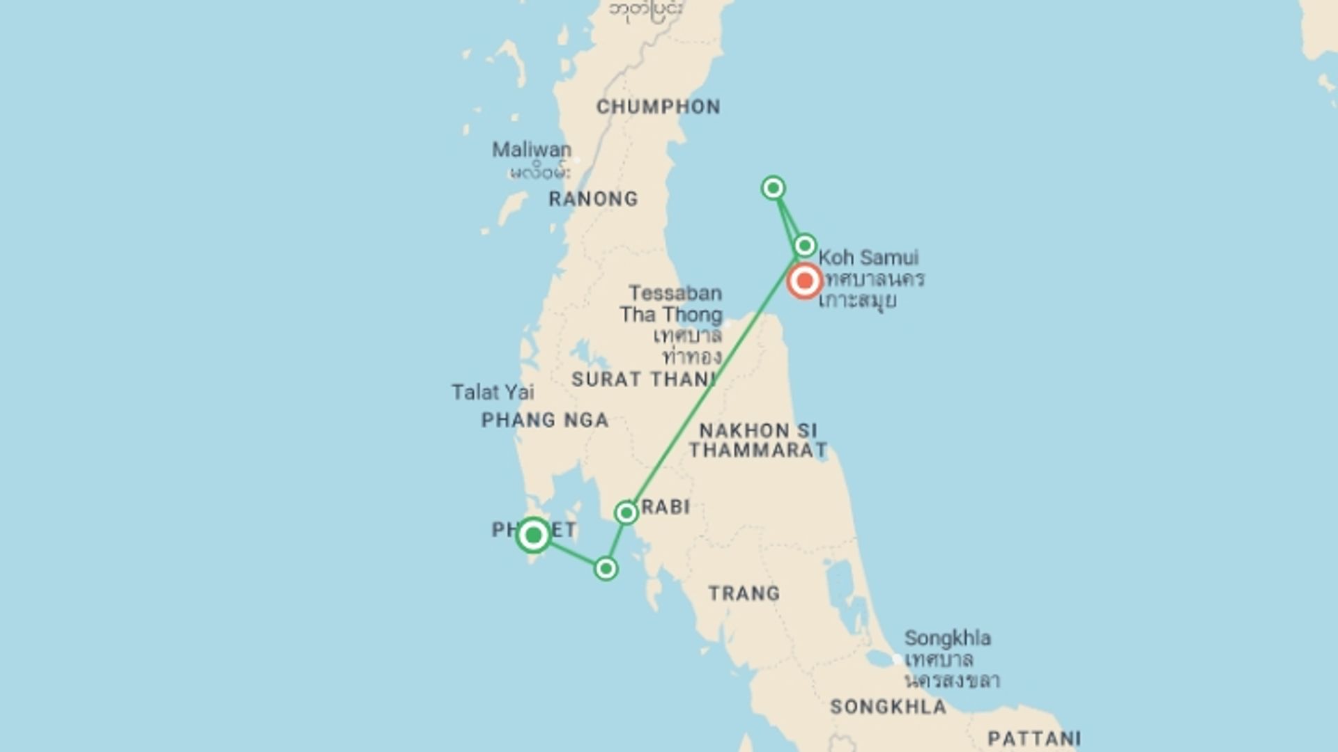 A map showing the tour itinerary for the trip: Phuket to Koh Samui Travel Pass, starting in Phuket, Thailand and ending in Koh Samui, Thailand going through 4 other destinations.