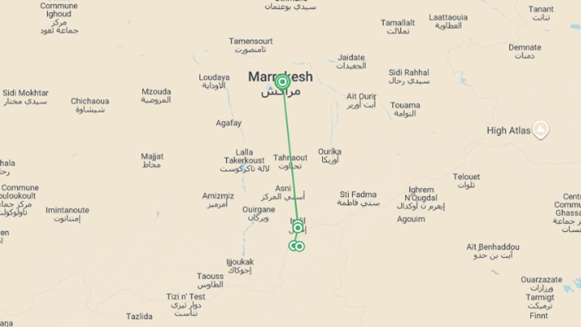 A map showing the tour itinerary for the trip: Mount Toubkal Winter Trek, starting in Marrakech, Morocco and ending in Marrakech, Morocco going through 4 other destinations.